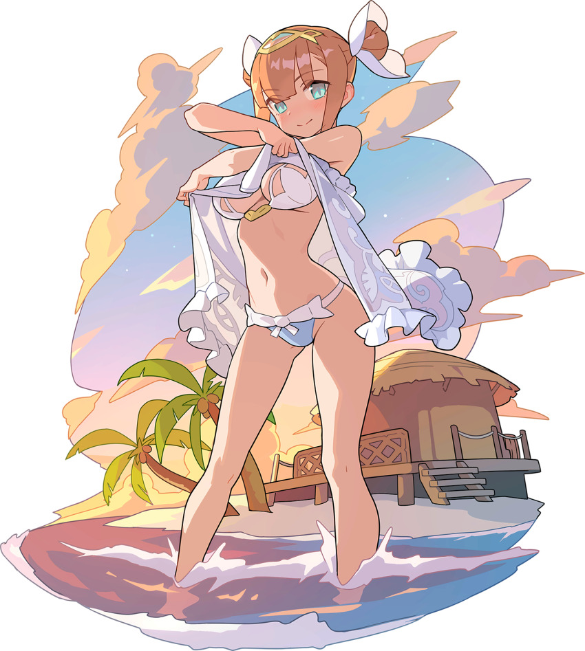 1girl arms_up artist_request babydoll backlighting bare_shoulders beach beach_house bikini blue_eyes blue_sky blunt_bangs blush breasts brown_hair bun_cover closed_mouth cloud coconut double_bun female_focus fence full_body gem gradient_sky hair_bun happy headpiece highres legs_apart lifting_own_clothes lilith_(world_flipper) looking_at_viewer medium_breasts navel non-web_source ocean official_alternate_costume official_art outdoors palm_tree partially_submerged sand see-through_clothes shiny_skin short_hair sidelocks sky smile solo stairs star_(sky) stomach sunset swimsuit transparent_background tree wading water white_bikini world_flipper