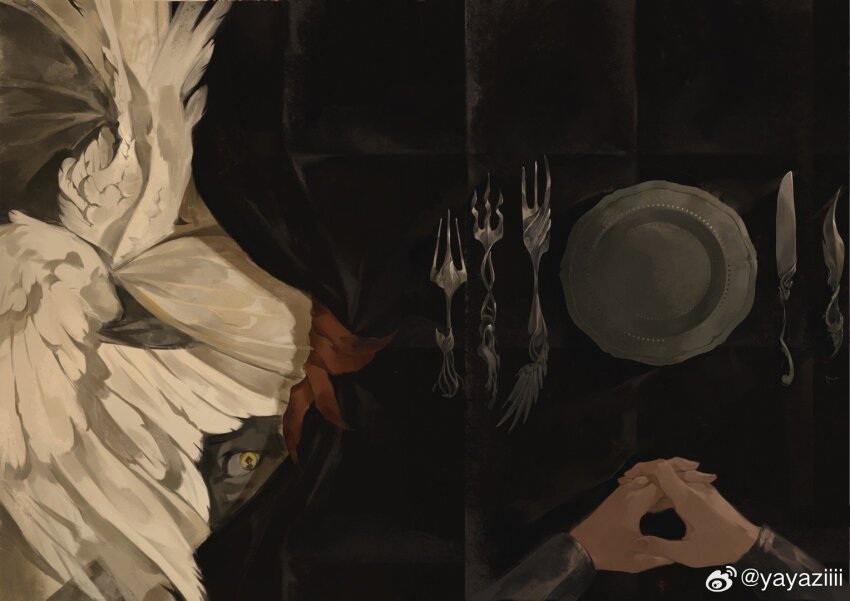 1girl bird_wings character_request chinese_commentary commentary_request curtains dungeon_meshi feathered_wings fingernails fork holding_hands knife orange_hair plate upper_body watermark weibo_watermark white_wings wings yayaziiii yellow_eyes