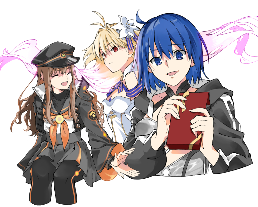 3girls antenna_hair archetype_earth arcueid_brunestud bare_shoulders black_jacket black_sailor_collar blonde_hair blue_eyes blue_hair breasts brown_hair c.i.e.l_(fate) ciel_(tsukihime) cropped_jacket detached_sleeves dress fate/grand_order fate_(series) gift grey_one-piece_swimsuit hat jacket kishinami_hakuno_(female) kishinami_hakuno_(female)_(mooncancer) long_hair long_sleeves looking_at_viewer military_hat multiple_girls mysterious_executor_c.i.e.l_(fate) neckerchief one-piece_swimsuit orange_neckerchief orange_outline orange_trim outline peaked_cap popped_collar red_eyes sailor_collar sakura_(skr_i) shirt short_hair smile strapless strapless_dress swimsuit two-tone_skirt valentine white_dress
