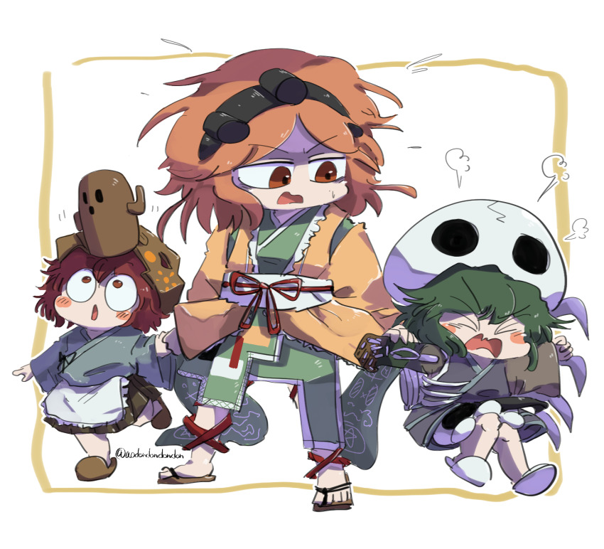 &gt;_&lt; 3others :o androgynous angry annoyed aodo_mikan apron bare_legs black_hairband blue_kimono blue_ribbon blush_stickers bone brown_hakama brown_helmet brown_sandals brown_sleeves brown_slippers child clenched_hand commentary_request crack detached_sleeves flying_sweatdrops frilled_apron frilled_jacket frills frown furrowed_brow green_hair green_kimono hair_rollers hairband hakama hakama_short_skirt hakama_skirt haniwa_(statue) haori hat height_difference helmet highres holding_hands jacket japanese_clothes katano_sukune kimono kitsugai_sese knees layered_sleeves leg_ribbon leg_up len&#039;en long_sleeves looking_at_another looking_at_object medium_hair messy_hair motion_lines multiple_others obi object_on_head open_mouth orange_eyes orange_hair orange_jacket orange_sleeves other_focus outline outside_border puffy_shorts purple_kimono red_eyes red_hair red_ribbon ribbon sandals sash shaded_face short_hair short_kimono shorts single_detached_sleeve skeleton_print skirt skull-shaped_hat skull_print sleeveless sleeveless_kimono slippers standing sweatdrop tearing_up toes twitter_username upturned_eyes v-shaped_eyebrows waist_apron waist_ribbon wavy_mouth white_apron white_background white_hat white_outline white_sash white_shorts white_slippers wide-eyed wide_sleeves zouri zuifeng_tenkai