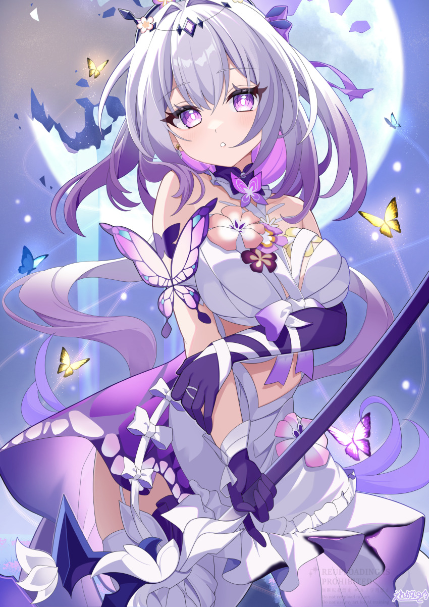1girl absurdres arm_under_breasts asymmetrical_gloves bare_shoulders blue_butterfly breasts bug butterfly castorice_(honkai:_star_rail) commentary_request dress elegant_(sumisumi4268) gloves hair_between_eyes highres holding honkai:_star_rail honkai_(series) insect large_breasts long_hair looking_at_viewer moon purple_butterfly purple_eyes purple_gloves purple_hair solo uneven_gloves very_long_hair yellow_butterfly