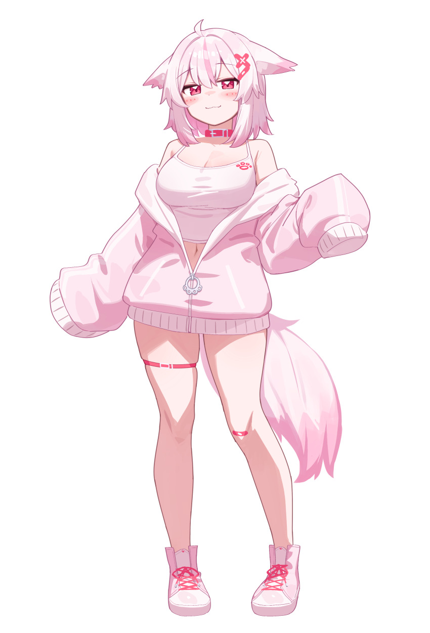1girl :3 absurdres ahoge animal_ears bandaid bandaid_on_knee bandaid_on_leg bare_shoulders blush breasts choker cleavage closed_mouth collarbone fangs floppy_ears full_body highres hood hoodie large_breasts looking_at_viewer medium_hair multicolored_hair navel original pink_bandaid pink_eyes pink_hair pink_hoodie pink_shoes shoes simple_background skin_fangs sleeves_past_fingers sleeves_past_wrists smile solo standing stomach streaked_hair tail tank_top thigh_strap thighs verdey very_long_sleeves white_background white_tank_top wolf_ears wolf_girl wolf_tail