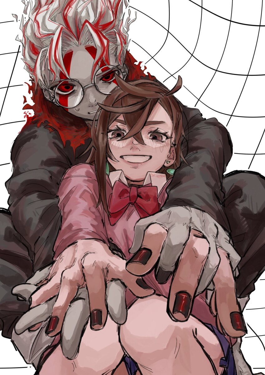 1boy 1girl ayase_momo black_choker black_jacket black_nails black_pants blue_skirt bow bowtie brown_eyes brown_hair choker collared_shirt colored_skin couple crossed_bangs dandadan earrings facial_mark glasses grey_skin grid_background grin hair_between_eyes hetero highres holding_hands interlocked_fingers jacket jewelry kp_oretayao light_blush medium_hair multicolored_hair nail_polish pants parted_bangs parted_lips pink_sweater red_bow red_bowtie red_eyes red_hair round_eyewear school_uniform shirt shirt_under_sweater short_hair skirt smile streaked_hair sweatdrop sweater takakura_ken_(dandadan) takakura_ken_(transformed)_(dandadan) teeth upper_body wavy_hair white_hair white_shirt