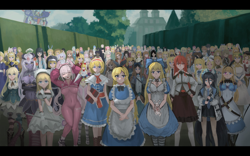 6+girls absurdres aerith_gainsborough alice&#039;s_adventures_in_wonderland alice_(alice_in_wonderland) alice_(black_souls) alice_(nikke) alice_deross alice_liddell_(american_mcgee&#039;s_alice) alice_margatroid alice_zuberg alipheese_fateburn_xvi american_mcgee&#039;s_alice animal annotation_request apron aris_(blue_archive) black_hair black_skirt black_souls black_souls_2 blonde_hair blue_archive blue_dress blue_necktie bodysuit breasts character_request colored_skin commentary copyright_request demon_(megami_tensei) dress eris_greyrat final_fantasy final_fantasy_vii frilled_apron frilled_dress frills goddess_of_victory:_nikke grey_hair halo highres identity_v iris_(konosuba) iris_(pokemon) kono_subarashii_sekai_ni_shukufuku_wo! leotard letterboxed looking_at_viewer mahou_shoujo_ni_akogarete maid memory_(identity_v) mon-musu_quest! multiple_girls mushoku_tensei name_connection necktie nero_alice nintendo outdoors pink_bodysuit pink_leotard pokemon rabbit red_hair skirt tagme white_apron woshijuezhu