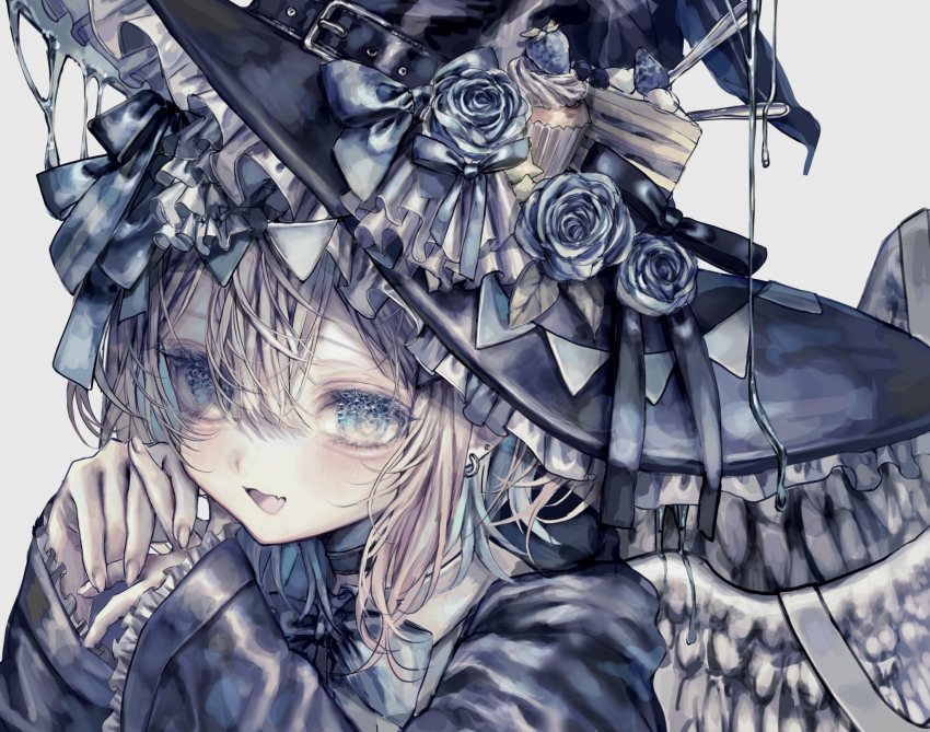 1boy androgynous angel_wings black_choker black_ribbon blonde_hair blue_coat blue_eyes blue_flower blue_hat blue_rose blush bunting choker coat collared_shirt cupcake ear_piercing earrings fang feathered_wings fingernails flower food fork frilled_hat frilled_sleeves frills fruit hair_between_eyes hat hat_belt hat_flower hat_ribbon highres jewelry medium_hair neck_ribbon original own_hands_clasped own_hands_together piercing portrait ribbon rose shirafu_(shirafu42) shirt sidelocks smile solo strawberry white_wings wings witch_hat
