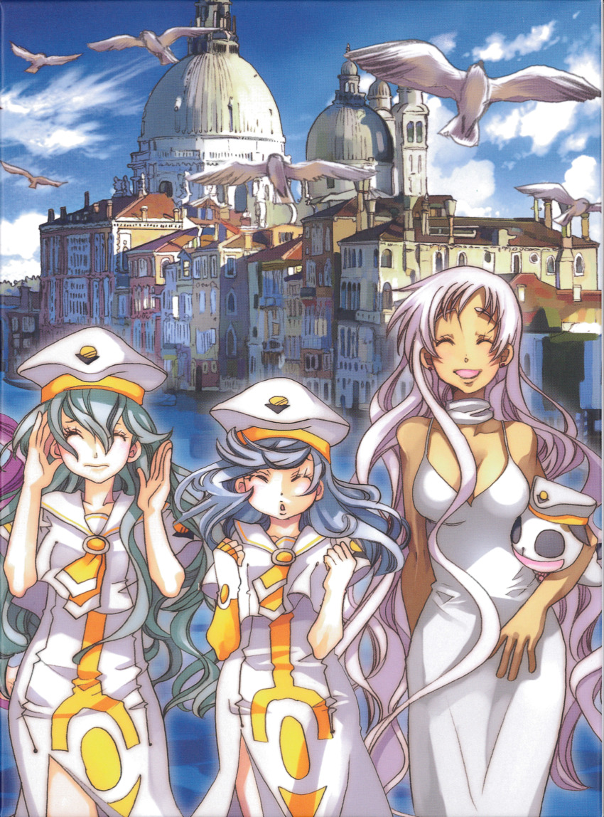 3girls alice_carroll amano_kozue animal anya_dostoyevskaya aria_(manga) athena_glory bare_shoulders beret bird blue_sky breasts building cat closed_eyes closed_mouth cloud cloudy_sky collarbone cowboy_shot dark-skinned_female dark_skin day dress floating_hair gloves hair_between_eyes hands_up hat highres holding holding_animal holding_cat large_breasts long_hair mizunashi_akari multiple_girls neckerchief non-web_source ocean official_art open_mouth orange_planet_uniform out_of_frame outdoors pink_hair president_maa print_dress purple_hair sailor_collar scan scan_artifacts seagull short_sleeves side_slit sidelocks single_glove sky standing swept_bangs very_long_hair white_dress white_headwear yellow_neckerchief