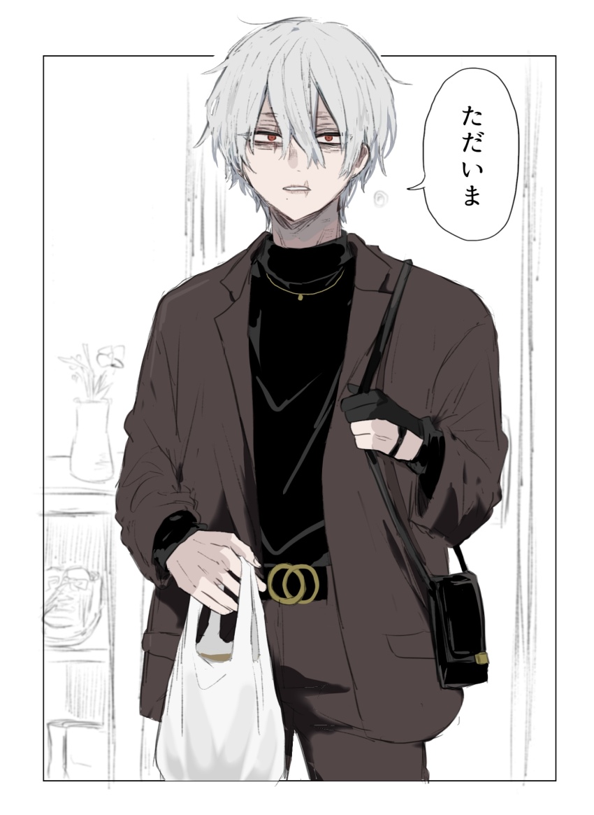 1boy ametaro_(ixxxzu) bag black_shirt boku_no_hero_academia brown_jacket brown_pants handbag highres holding holding_bag jacket looking_at_viewer male_focus pants plastic_bag prosthetic_fingers red_eyes shigaraki_tomura shirt shopping_bag short_hair solo speech_bubble translated turtleneck white_background white_hair wrinkled_skin