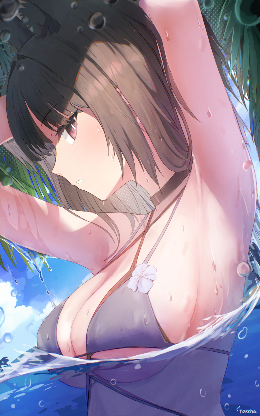 1girl absurdres animal_ear_fluff animal_ears armpits bikini black_choker black_hair blue_archive blue_bikini breasts choker commentary_request criss-cross_halter halterneck highres kikyou_(blue_archive) kikyou_(swimsuit)_(blue_archive) large_breasts looking_at_viewer official_alternate_costume partially_submerged red_eyes sideboob solo swimsuit tokcha underboob wet