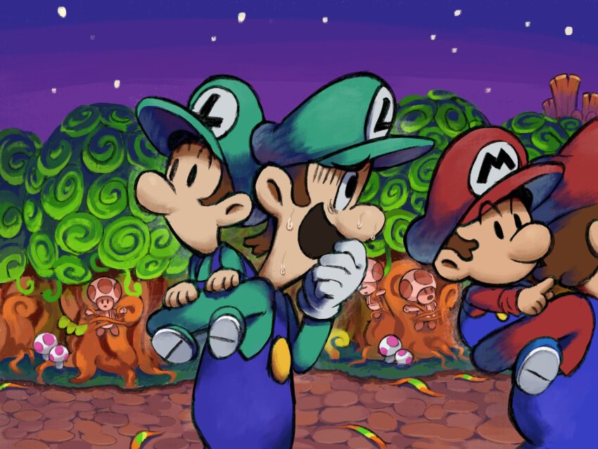 6+boys autumn_leaves baby_luigi baby_mario big_nose black_eyes blue_overalls bound brothers brown_hair carrying carrying_person closed_eyes cobblestone facial_hair gloves grass green_hat green_shirt hand_to_own_mouth hat highres leaf luigi male_focus mario mario_&amp;_luigi:_partners_in_time mario_&amp;_luigi_rpg mario_(series) masanori_sato_(style) multiple_boys mushroom mustache night night_sky nintendo no_mouth open_mouth outdoors overalls pavement piggyback pointing red_hat red_shirt scared shirt siblings sky solid_oval_eyes star_(sky) sweat tied_up_(nonsexual) toad_(mario) tree white_gloves ya_mari_6363