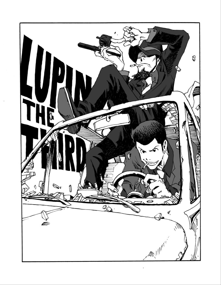 2boys arsene_lupin_iii black_eyes black_pants black_vest car cigarette facial_hair fiat_500 formal_clothes goatee greyscale gun hat hat_over_one_eye highres jigen_daisuke lupin_iii male_focus monochrome motor_vehicle multiple_boys osaraufo pants recharging short_hair suit vest weapon