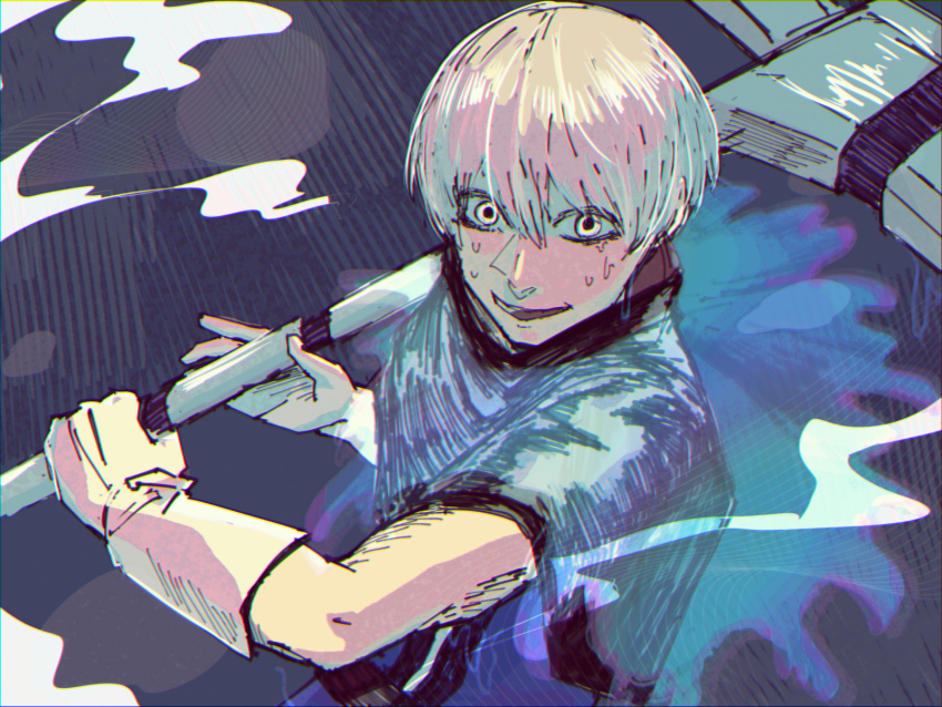1boy blue_shirt gloves hekiru_aran highres looking_at_viewer nervous_smile nervous_sweating open_mouth scythe sentai_daishikkaku shirt smile solo sweat user_dycx2445 white_eyes white_gloves white_hair