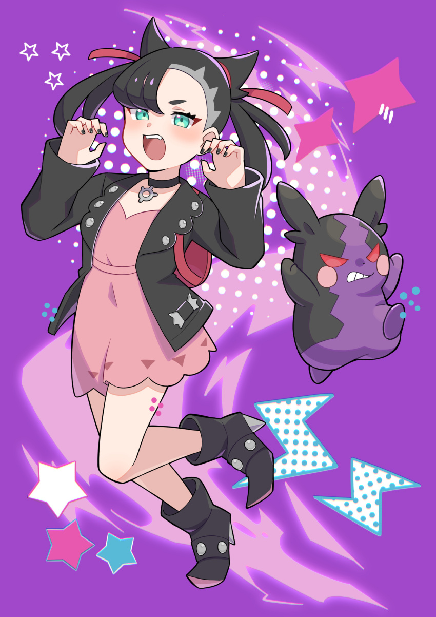 1girl asymmetrical_bangs black_footwear black_hair black_jacket black_nails blush boots claw_pose commentary_request dress eyelashes gen_8_pokemon green_eyes hair_ribbon hands_up highres jacket long_sleeves marnie_(pokemon) morpeko morpeko_(hangry) nail_polish nintendo open_clothes open_jacket open_mouth pink_dress pokemon pokemon_(creature) pokemon_swsh purple_background red_ribbon ribbon shinna_(user_zfuz4288) star_(symbol) teeth twintails upper_teeth_only