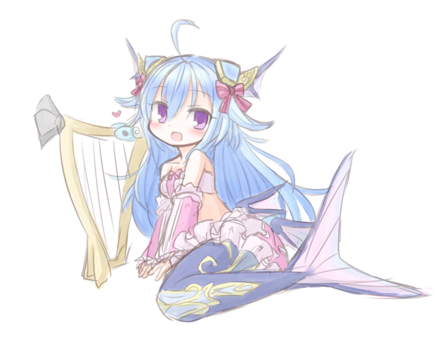 1girl ahoge blue_hair dress emil_chronicle_online frilled_dress frills frr_(akf-hs) hair_ribbon harp horns instrument long_hair lorelei_lore mermaid monster_girl pink_dress purple_eyes red_ribbon ribbon sitting white_background
