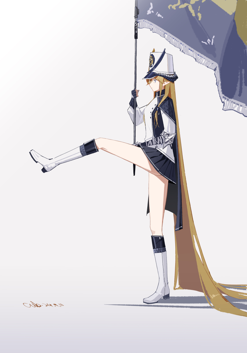 1girl absurdly_long_hair absurdres arknights artist_name blonde_hair blue_cape blue_eyes blue_gloves blue_skirt boots cape chinese_commentary commentary dated dragon_girl dragon_horns fingerless_gloves flag from_side full_body gloves hat highres holding holding_flag horns jacket knee_boots leg_up long_hair long_sleeves looking_ahead marching military_hat military_uniform miniskirt pleated_skirt pointy_ears puffy_long_sleeves puffy_sleeves saileach_(arknights) shako_cap simple_background skirt solo very_long_hair white_background white_boots white_hat white_jacket wiising
