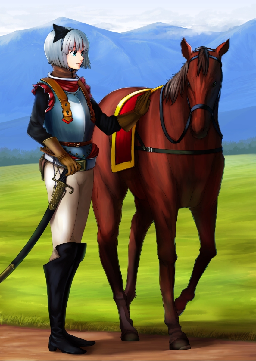 1girl armor belt belt_buckle black_boots black_hairband blue_eyes bob_cut boots bow brown_gloves buckle bukimi_isan cavalry cavalry_sword collar cuirass female_focus gloves grass hair_bow hairband highres horse knee_boots konpaku_youmu leather leather_gloves military military_uniform mountainous_horizon pants pants_tucked_in plate_armor saber_(weapon) saddle scabbard sheath sheathed short_hair silver_hair solo standing sword touhou weapon white_pants
