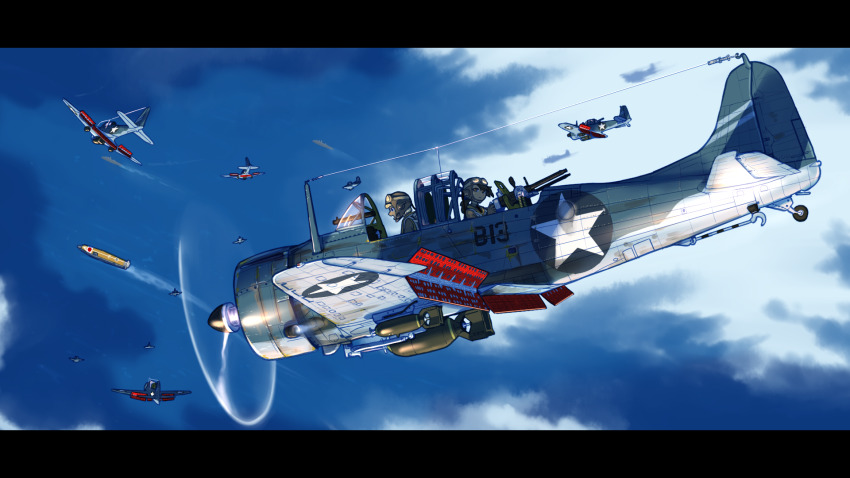 2girls aircraft aircraft_carrier airplane bomb bomber brown_eyes brown_hair cloud day dive_bomber erica_(naze1940) explosive gun helmet highres letterboxed machine_gun military military_vehicle multiple_girls ocean open_mouth original ponytail propeller_fighter ship vehicle_focus warship watercraft weapon world_war_ii