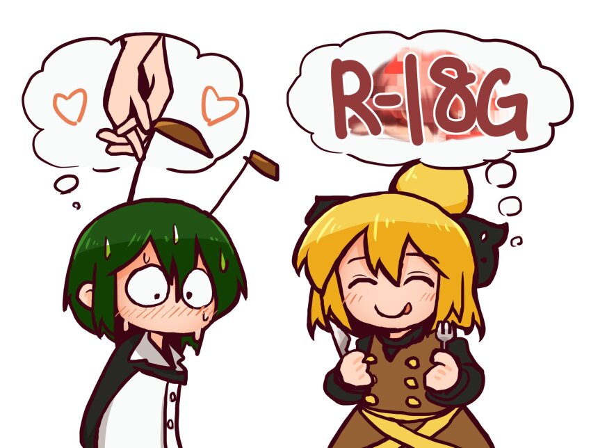 2girls :p another_ship_dynamic_i_enjoy_(meme) antennae black_bow black_cape black_shirt blonde_hair blush bow brown_dress buttons cape chibi chibi_only closed_eyes closed_mouth collared_shirt commentary content_rating cowboy_shot dress fork green_hair hair_between_eyes hair_bow hair_bun heart highres holding holding_fork holding_hands holding_hands_is_lewd holding_knife implied_cannibalism kide_koushin knife kurodani_yamame long_sleeves meme multiple_girls no_mouth nose_blush pinafore_dress shirt short_hair simple_background single_hair_bun sleeveless sleeveless_dress smile symbol-only_commentary tongue tongue_out touhou white_background white_shirt wriggle_nightbug yuri