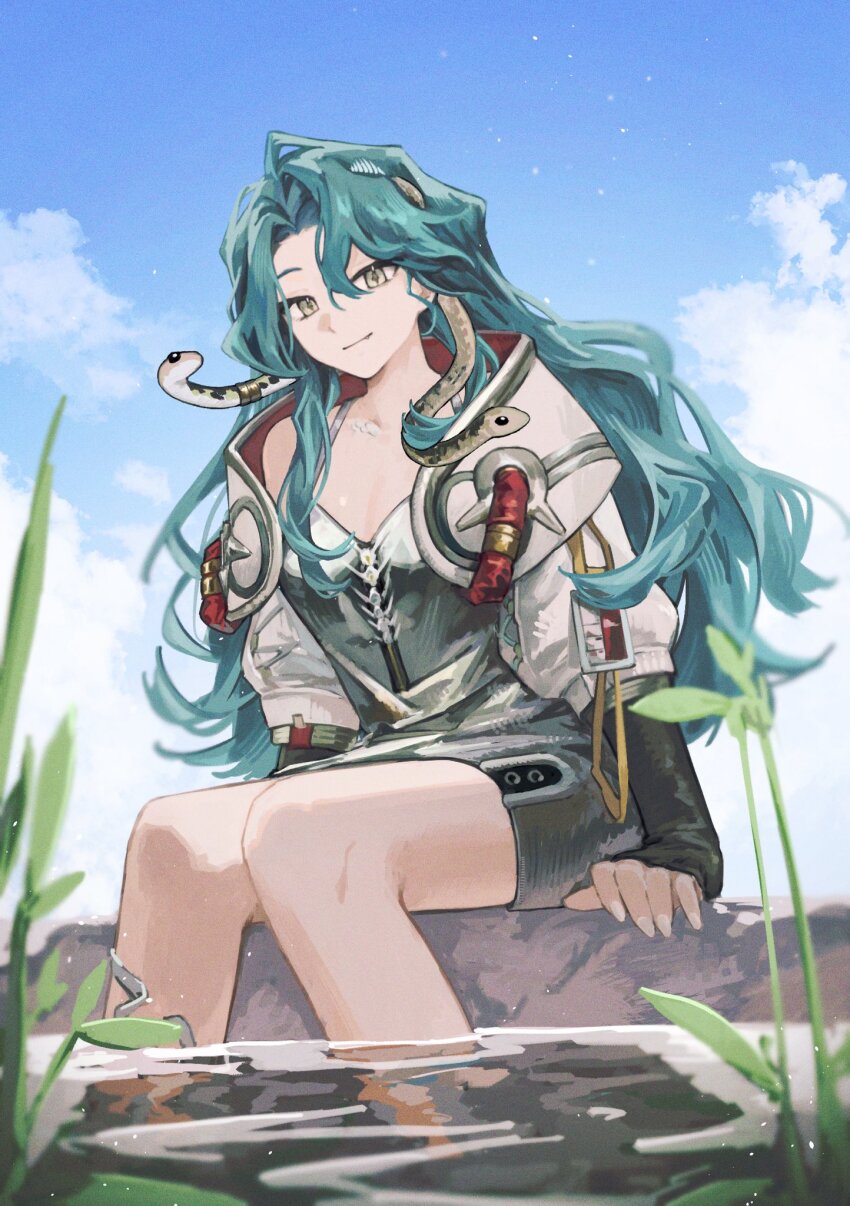 1girl aqua_hair black_dress blurry blurry_foreground breasts cleavage cloud cloudy_sky collarbone corset dress from_below highres hissabeth knees_together_feet_apart looking_at_viewer nats_(d0ughnats) parted_bangs reverse:1999 sitting sky small_breasts smirk snake soaking_feet solo water