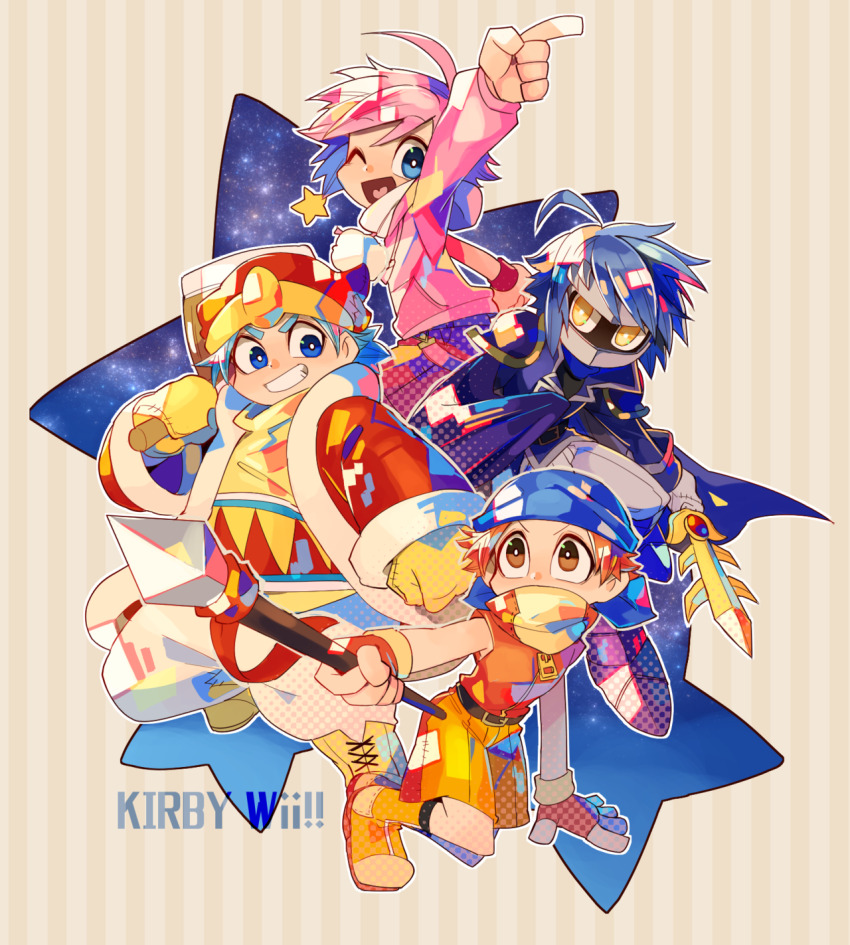 4boys ;d ahoge arm_up armor bandana_waddle_dee belt black_belt blue_cape blue_eyes blue_hair blue_turban boots bright_pupils brown_eyes brown_hair cape coat copyright_name covered_mouth fingerless_gloves foreshortening fur-trimmed_coat fur_trim gloves grin hammer heart heart_in_mouth highres holding holding_hammer holding_polearm holding_sword holding_weapon index_finger_raised king_dedede kirby kirby_(series) lace-up_boots male_focus meta_knight mittens multiple_boys nintendo one_eye_closed open_clothes open_coat open_mouth orange_boots orange_shorts outline over_shoulder pants pauldrons personification pink_hair polearm red_coat red_gloves red_shirt scarf shirt shorts shoulder_armor single_sleeve sleeveless sleeveless_shirt smile star_(sky) starry_sky_background striped_background sword turban v-shaped_eyebrows weapon weapon_over_shoulder white_outline white_pants white_pupils white_scarf yasubaru yellow_boots yellow_mittens zipper_pull_tab