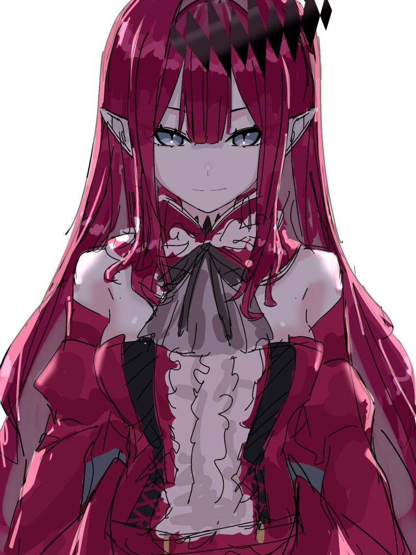 1girl baobhan_sith_(fate) baobhan_sith_(first_ascension)_(fate) bare_shoulders breasts detached_sleeves dress fate/grand_order fate_(series) frilled_dress frills grey_eyes hair_ornament highres long_hair looking_at_viewer niwaikanai pink_hair pointy_ears red_dress smile solo white_background