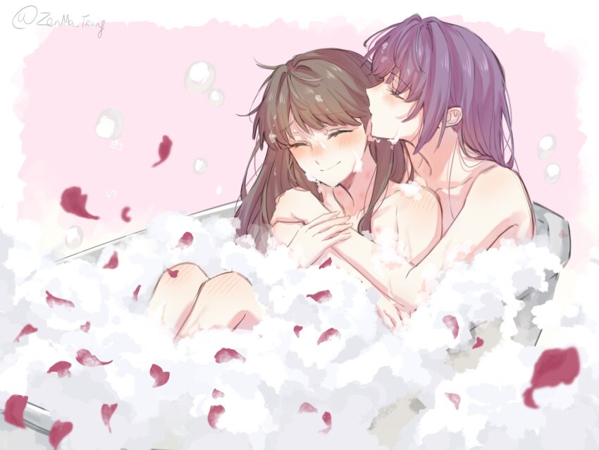 2girls ^_^ blush brown_hair check_commentary closed_eyes closed_mouth collarbone commentary_request fujishima_megumi hair_down hair_intakes hickey highres hug hug_from_behind in_bathtub kissing_head knee_blush link!_like!_love_live! long_hair love_live! mixed-language_commentary multiple_girls nose_blush otomune_kozue pink_background purple_hair red_petals same-sex_bathing shared_bathing shoulder_blush sidelocks smile soap_bubbles split_mouth twitter_username vietnamese_commentary virtual_youtuber yuri zenma_trang