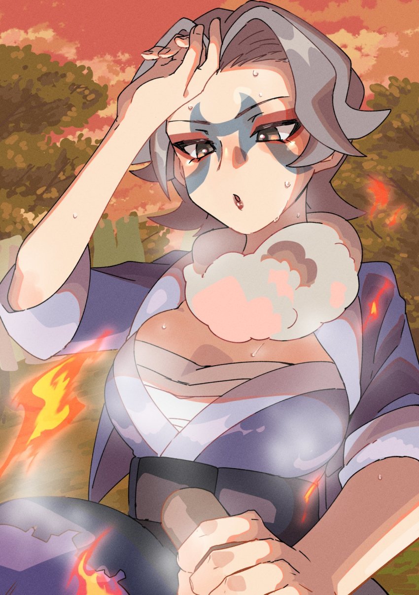 1girl :o arm_up belt belt_buckle breasts brown_eyes buckle charm_(pokemon) chest_sarashi cloud commentary_request eyeshadow facial_mark fire fur_collar grey_hair highres holding hot jacket kono2noko looking_down makeup medium_hair nintendo outdoors pokemon pokemon_legends:_arceus red_eyeshadow sarashi sky solo sweat