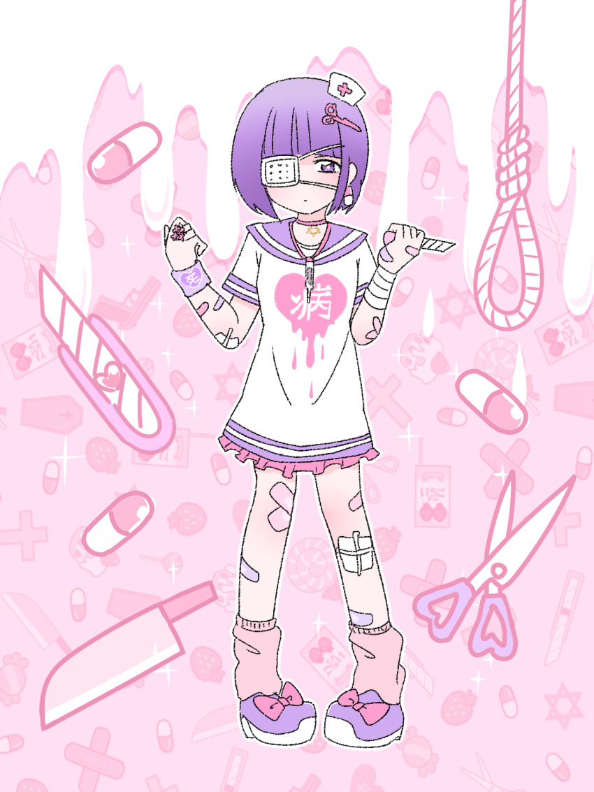 1girl bandaged_arm bandages bandaid bandaid_on_arm bandaid_on_leg bow boxcutter choker clothes_writing cross cross_print dress earrings eyepatch ezaki_bisuko fashion frilled_dress frills hat heart heart_print hexagram highres holding holding_boxcutter jewelry looking_at_viewer loose_socks medical_eyepatch mini_hat necklace nurse_cap original pendant pill pill_earrings pink_bow pink_socks print_dress purple_eyes purple_footwear purple_hair purple_sailor_collar sailor_collar sailor_dress scissors_hair_ornament shoes short_hair short_sleeves socks standing thermometer white_dress white_hat yami_kawaii