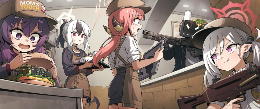 4girls :q absurdres aru_(blue_archive) at_gunpoint black_hair black_hoodie black_skirt blue_archive bomb brown_hat burger choker clothes_writing crying crying_with_eyes_open explosive food french_fries golmonggu gun hair_between_eyes hair_ornament hairclip haruka_(blue_archive) hat highres holding holding_gun holding_weapon hood hoodie horns kayoko_(blue_archive) korean_commentary long_hair long_sleeves low_wings mom&#039;s_touch multicolored_hair multiple_girls mutsuki_(blue_archive) open_mouth pink_eyes pink_hair pointy_ears problem_solver_68_(blue_archive) purple_eyes purple_hair red_eyes shirt short_sleeves side_ponytail single_wing skirt tears tongue tongue_out tray weapon white_hair wings
