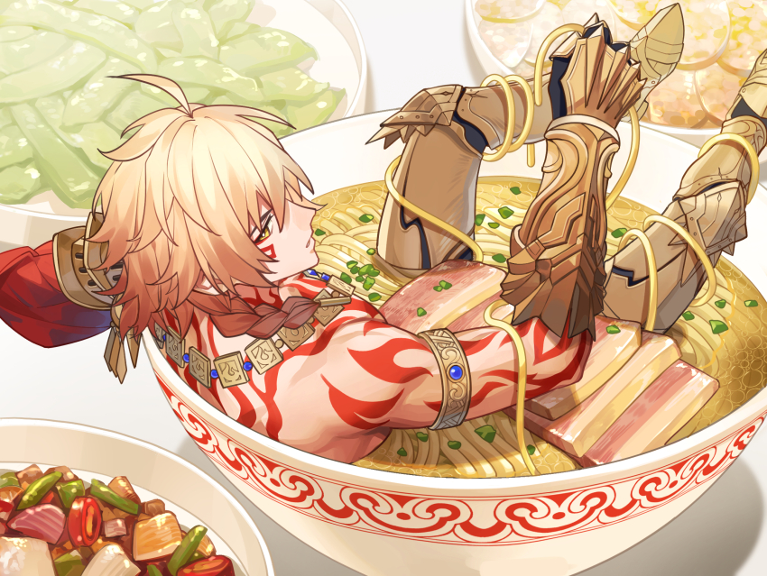 1boy ahoge arm_tattoo armlet armor armored_boots armored_gloves back_tattoo belt blonde_hair boots braid chest_tattoo chinese_commentary coat commentary_request dabeizhuanghuangmenjimifan earrings facial_tattoo food gold_earrings gold_necklace gradient_hair hair_between_eyes highres honkai:_star_rail honkai_(series) jewelry male_focus medium_hair miniature multicolored_hair mydei_(honkai:_star_rail) necklace noodles on_food open_clothes open_coat orange_eyes pauldrons plate ramen red_hair red_tattoo shoulder_armor side_braid single_pauldron sitting_on_food solo tattoo toned toned_male