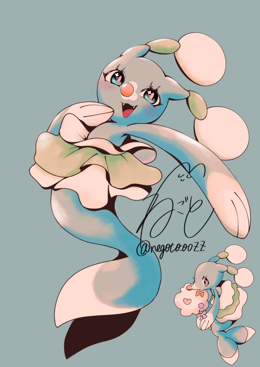 1other :d animal_hands bad_tag blue_background blue_eyes brionne cotton_candy creatures_(company) dress eyelashes fangs food full_body furry game_freak gen_7_pokemon highres holding holding_cotton_candy holding_food looking_at_viewer multiple_views negoto_o0zz nintendo open_mouth pink_pupils pokemon pokemon_(creature) sea_lion seal_(animal) simple_background smile snout solo standing white_dress