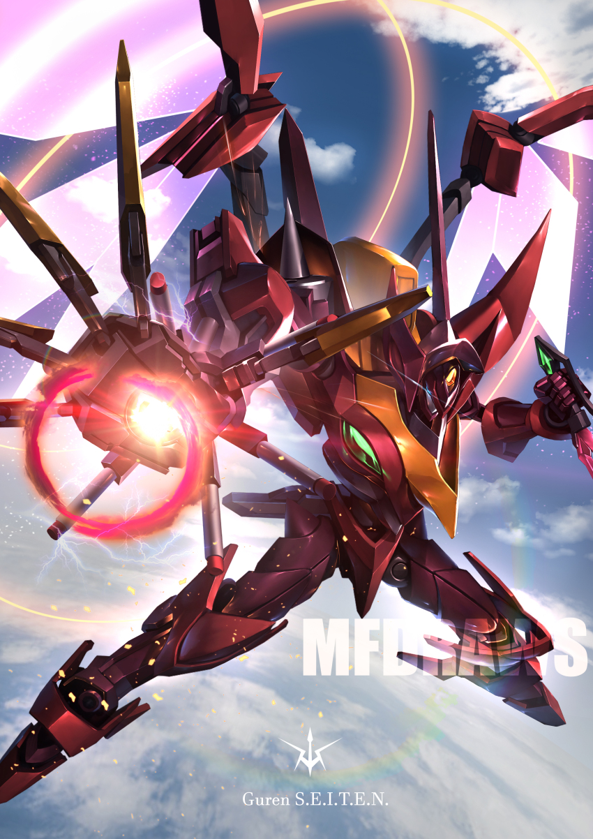 absurdres artist_name blue_eyes blue_sky brayanong999 cloud cloudy_sky code_geass commentary_request dagger day electricity energy_wings eye_trail flying foreshortening glowing glowing_eye guren_(code_geass) guren_s.e.i.t.e.n._eight_elements highres holding holding_dagger holding_knife holding_weapon incoming_attack knife knightmare_frame legs_apart lens_flare light_trail looking_at_viewer mecha no_humans open_hand outdoors outstretched_arm robot science_fiction sky solo weapon