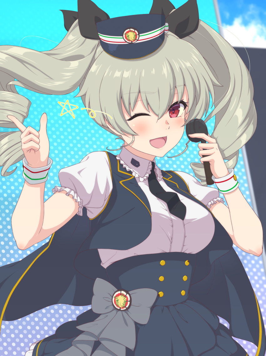 1girl absurdres ada_badguy anchovy_(girls_und_panzer) anzio_(emblem) black_necktie black_ribbon blue_hat blue_skirt blue_vest bow bow_skirt cabbie_hat commentary day dress_shirt drill_hair emblem frilled_shirt frilled_skirt frills girls_und_panzer girls_und_panzer_senshadou_daisakusen! green_hair grey_bow hair_ribbon hat high-waist_skirt highres holding holding_microphone idol index_finger_raised long_hair looking_at_viewer microphone miniskirt necktie official_alternate_costume one_eye_closed open_clothes open_mouth open_vest outdoors puffy_short_sleeves puffy_sleeves red_eyes ribbon shirt short_sleeves skirt smile solo standing star_(symbol) twin_drills twintails vest white_shirt wrist_cuffs