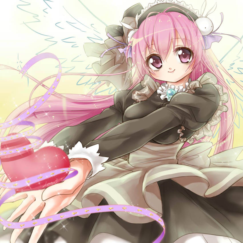 1girl black_dress dress female_focus frills hair_ornament heart highres juliet_sleeves leno^a^ long_hair long_sleeves looking_at_viewer misha misha_(pita_ten) outstretched_arms outstretched_hand petticoat pink_eyes pink_hair pita_ten puffy_long_sleeves puffy_sleeves purple_eyes purple_ribbon rabbit_hair_ornament ribbon signature smile solo sparkle very_long_hair wings
