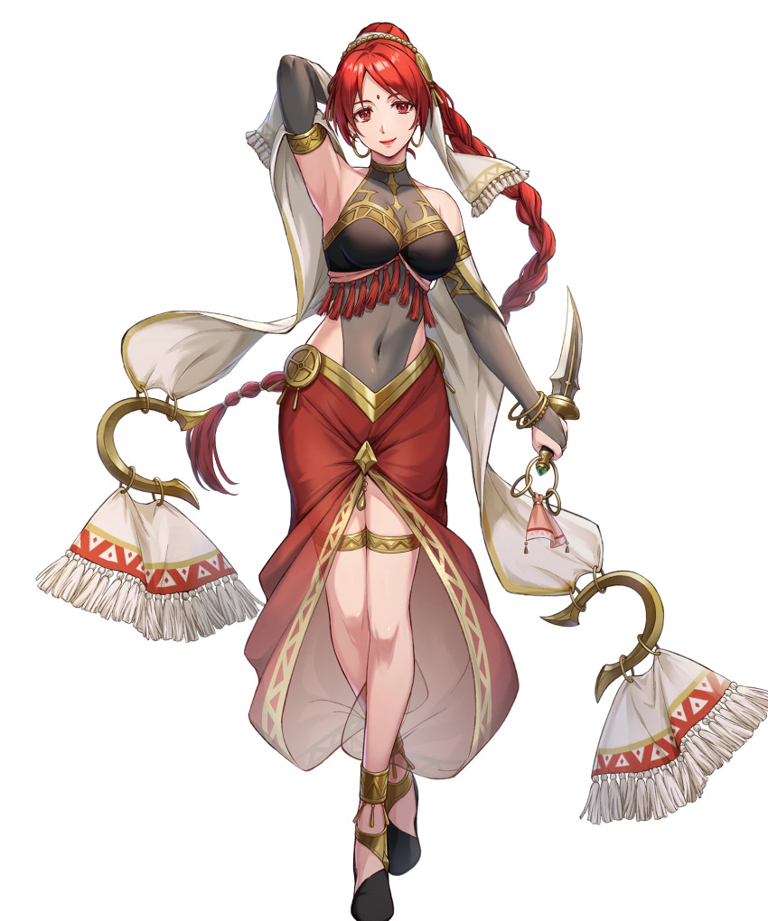 1girl arm_behind_head bracelet braid breasts dagger dancer earrings female_focus fire_emblem fire_emblem:_the_sacred_stones fire_emblem_heroes forehead_jewel full_body highres holding holding_dagger holding_knife holding_weapon hoop_earrings jewelry knife large_breasts lipstick long_hair looking_at_viewer makeup matching_hair/eyes navel nintendo non-web_source official_alternate_costume official_art red_eyes red_hair red_lips smile solo standing stomach tethys_(dancing_sands)_(fire_emblem) tethys_(fire_emblem) thighlet weapon