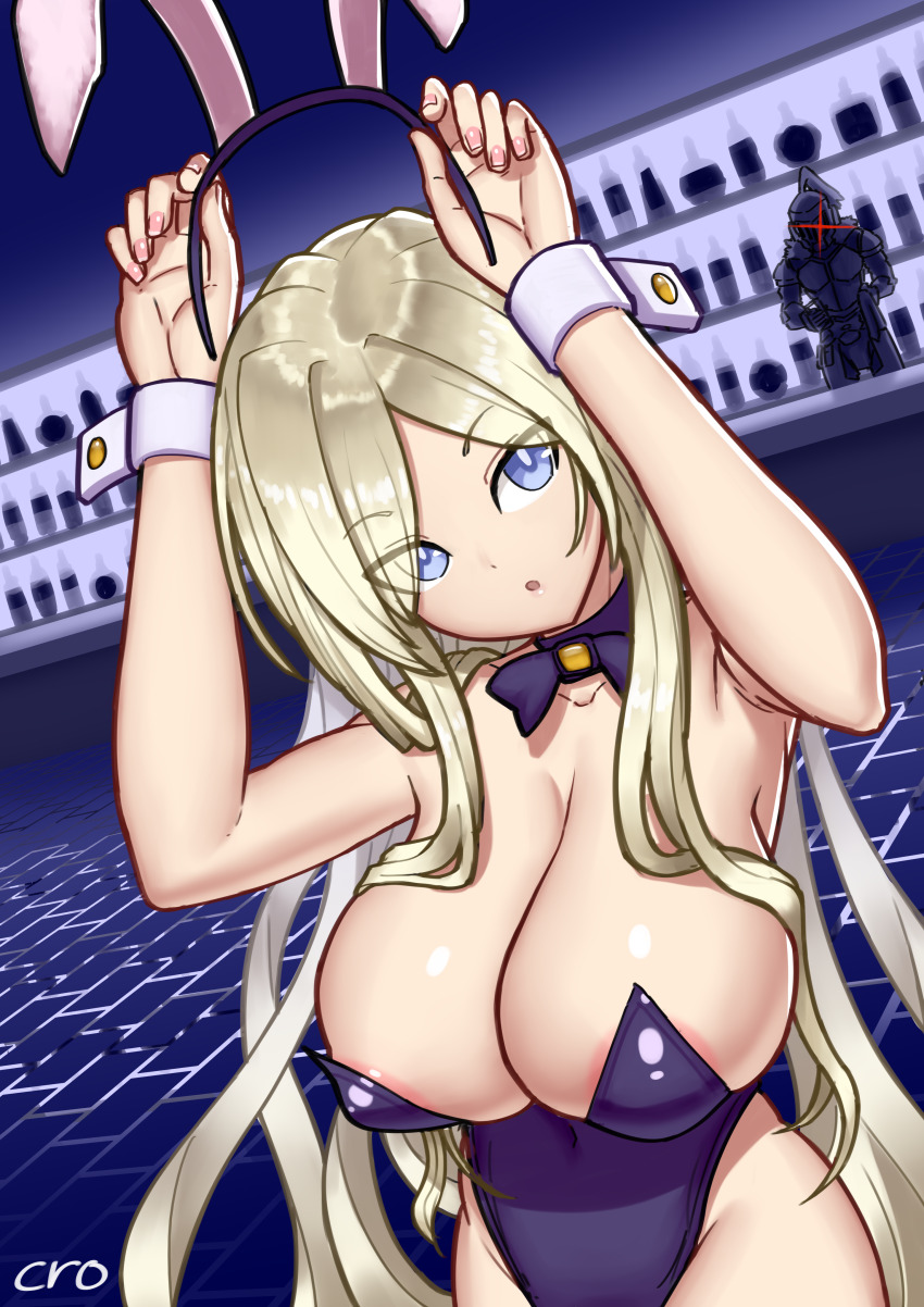 1boy 1girl :o absurdres alcohol alternate_costume animal_ears areola_slip armor bar_(place) bare_shoulders black_bow black_bowtie blonde_hair blue_eyes blue_leotard bow bowtie breasts cleavage cowboy_shot cromachina fake_animal_ears glass_bottle goblin_slayer goblin_slayer! helmet highleg highleg_leotard highres holding large_breasts leotard looking_at_viewer pink_nails playboy_bunny sword_maiden wrist_cuffs