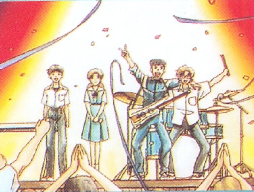 1girl 3boys aida_kensuke black_hair brown_hair dress drum grin guitar horaki_hikari ikari_shinji instrument looking_at_viewer multiple_boys neon_genesis_evangelion neon_genesis_evangelion_2nd_impression official_art school_uniform smile standing suzuhara_touji twintails v