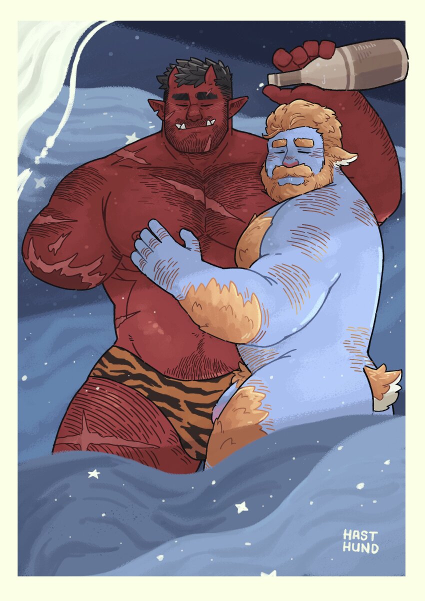 2boys absurdres afterglow amputee animal_ears animal_print ass back_hair bara beard belly black_hair blue_skin body_fur bottle briefs chest_hair clothed_male_nude_male colored_skin completely_nude connected_beard couple cowboy_shot cuddling deer_boy deer_ears demon_boy demon_horns facial_hair fat fat_man flaccid from_above full_beard gus_(orcbardneeul) hahasthund hairy hand_hair hand_on_another&#039;s_chest highres hiroto_(dick_gumshoe) horns huge_eyebrows interracial large_pectorals lying male_focus male_underwear mature_male monster_boy multiple_boys muscular muscular_male mustache navel_hair nipples notched_ear nude on_back on_bed on_side orange_fur original pectoral_pillow pectorals penis pointy_ears print_male_underwear red_skin second-party_source short_hair sleeping sleeping_on_person sparse_chest_hair thick_arm_hair thick_beard thick_leg_hair thick_mustache thick_navel_hair tiger_print tusks uncensored underwear very_hairy wine_bottle yaoi