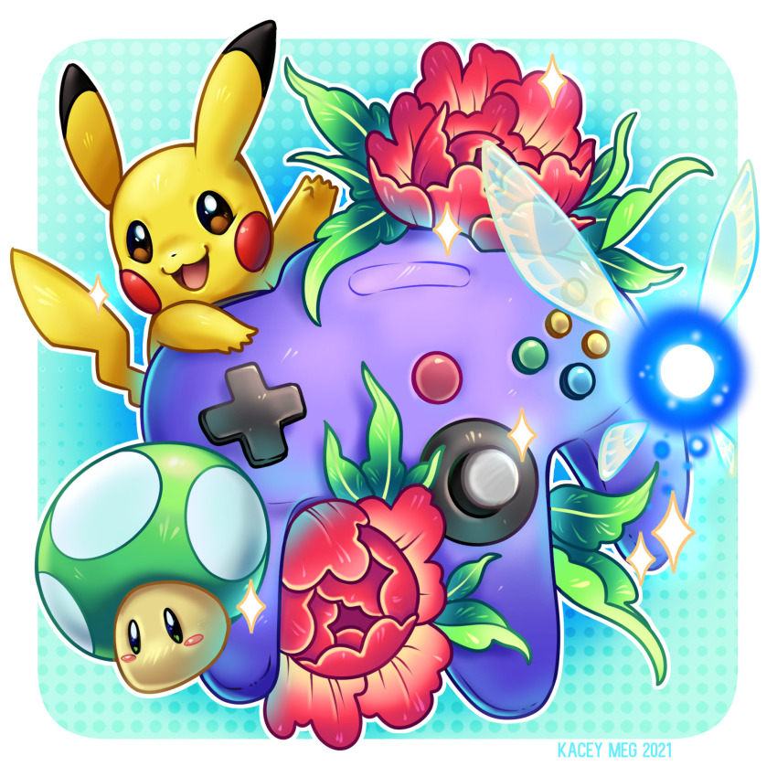 1-up_mushroom bright_pupils brown_eyes commentary controller english_commentary flower game_console game_controller gen_1_pokemon green_eyes highres kaceymeg looking_at_viewer mario_(series) navi nintendo nintendo_64 no_humans open_mouth pikachu pokemon pokemon_(creature) red_flower smile the_legend_of_zelda white_pupils