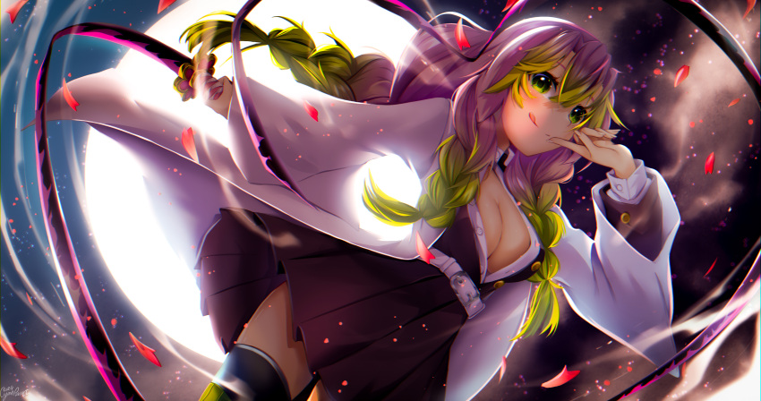 1girl :p absurdres braid breasts cleavage cyan_paint demon_slayer_uniform green_hair hair_between_eyes haori highres holding holding_whip japanese_clothes kanroji_mitsuri kimetsu_no_yaiba long_hair long_sleeves looking_at_viewer pink_hair signature solo thighhighs tongue tongue_out tri_braids weapon whip_sword white_haori