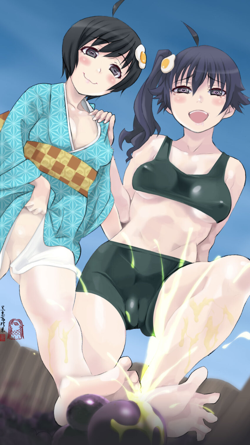 2girls ahoge araragi_karen araragi_tsukihi bakemonogatari barefoot black_eyes black_hair blush breasts cameltoe cloritin closed_mouth egg_hair_ornament food-themed_hair_ornament hair_ornament highres long_hair looking_at_viewer monogatari_(series) multiple_girls open_mouth short_hair siblings side_ponytail sisters smile stepped_on
