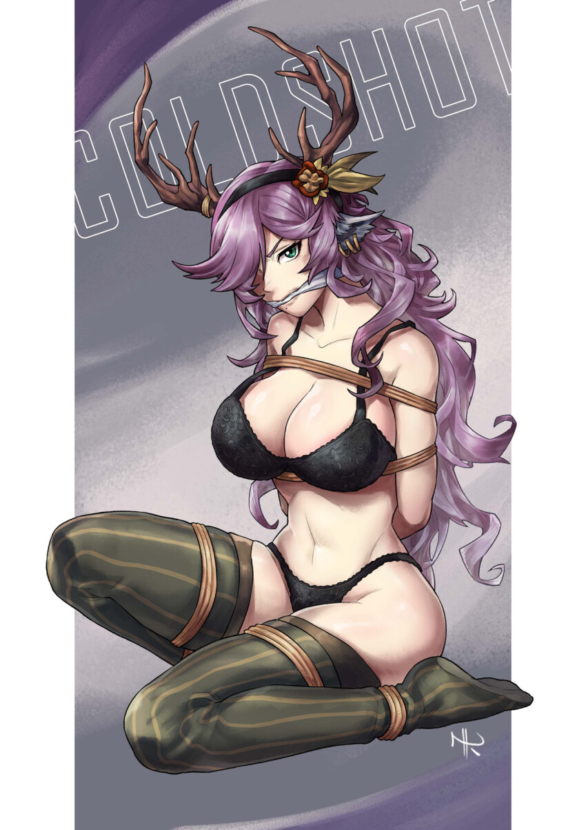 1girl animal_ears arknights arms_behind_back bdsm black_bra black_panties bondage bound bra breasts cleavage cleave_gag cloth_gag coldshot_(arknights) deer_ears deer_girl earrings female_focus gag gagged green_eyes highres horns improvised_gag jewelry looking_at_viewer nyrokami panties peril purple_hair solo spiked_thighhighs underwear wavy_hair