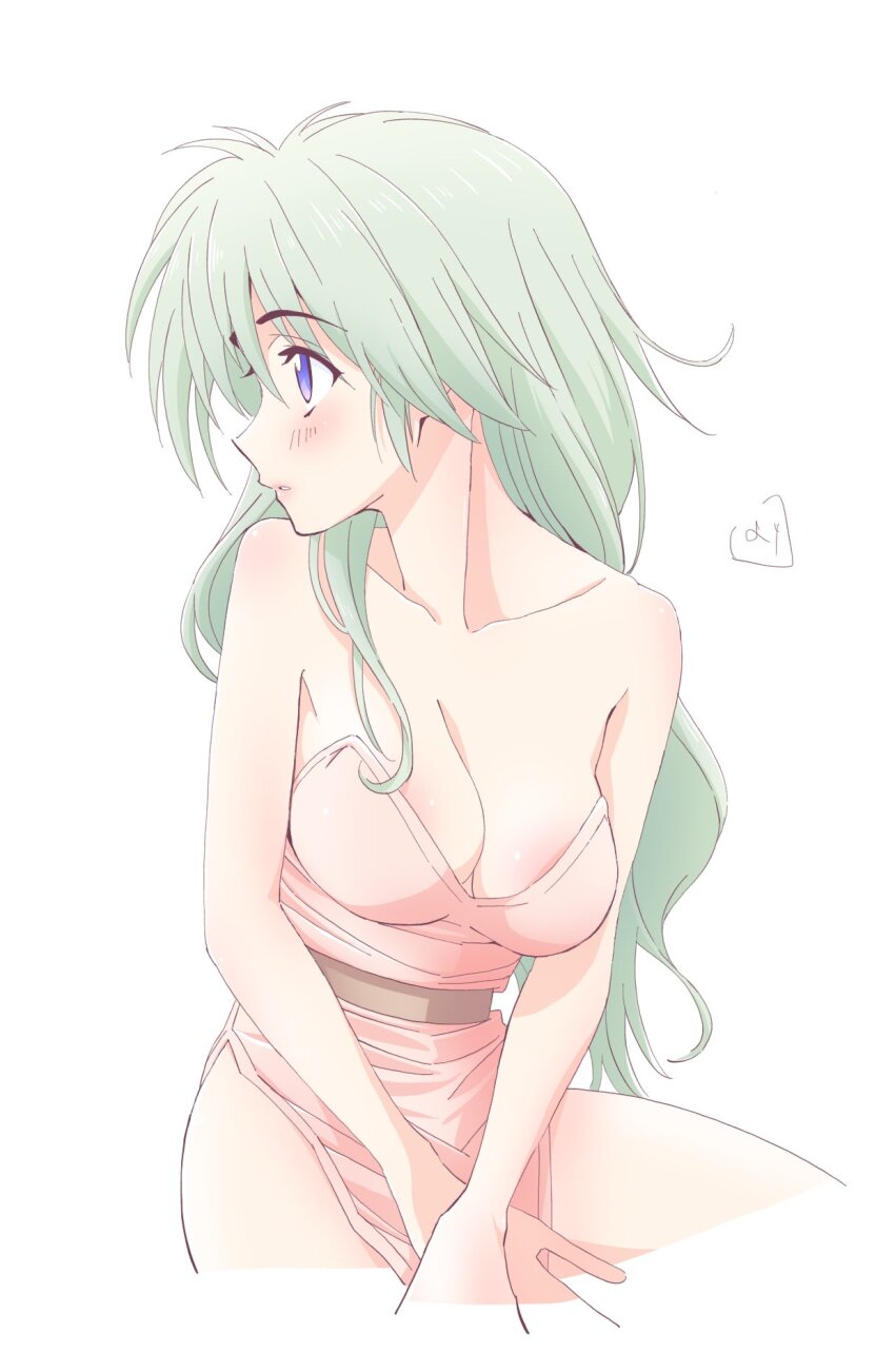 1girl aqua_hair breasts cleavage collarbone dress haou_taikei_ryuu_knight highres large_breasts long_hair nori_(norimakigumo) paffy_pafuricia pink_dress purple_eyes simple_background solo very_long_hair white_background