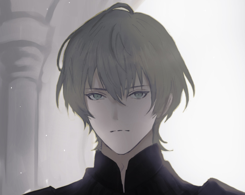 1boy armor black_armor male_byleth_(enlightened)_(fire_emblem) male_byleth_(fire_emblem) closed_mouth commentary_request fire_emblem fire_emblem:_three_houses frown gorget green_eyes green_hair hair_between_eyes highres light_particles male_focus nintendo pillar short_hair solo straight-on upper_body utatanedeko wolf_cut