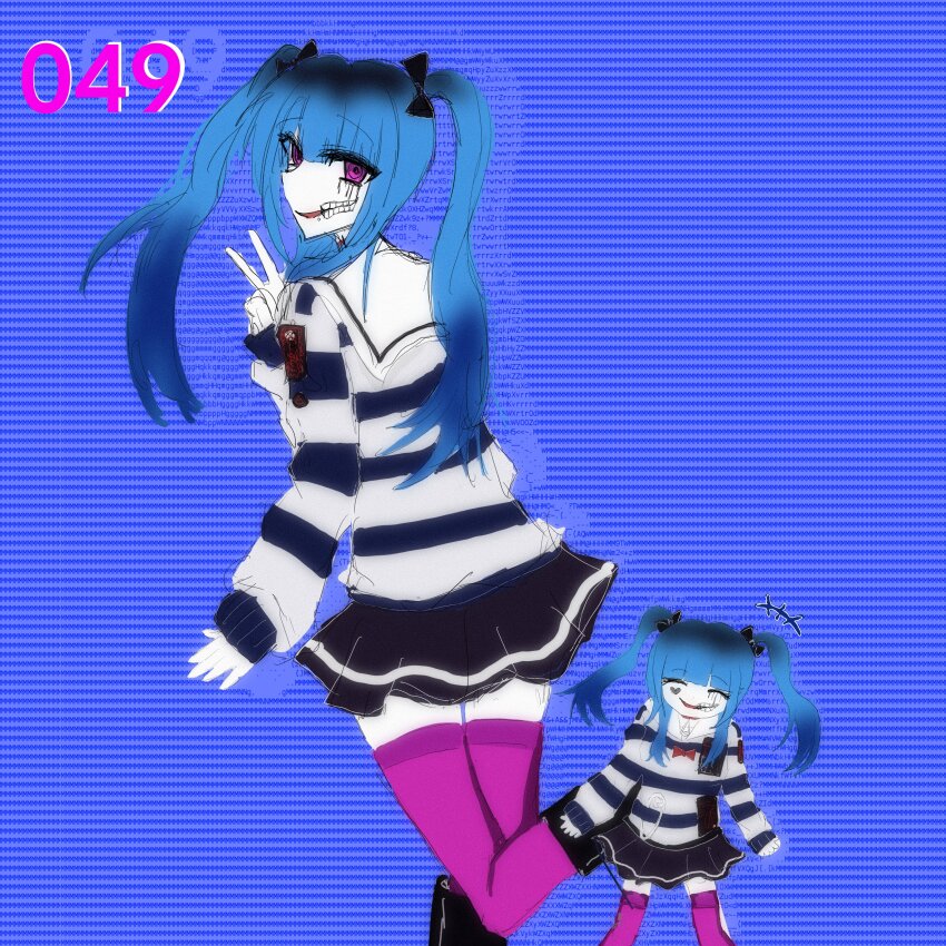 1girl absurdres amemiya_darumi black_hair black_skirt blue_background blue_hair chibi chibi_inset closed_eyes hand_up heart highres long_hair makeup pink_eyes pink_thighhighs pleated_skirt runny_makeup safety_pin shirt simple_background skirt striped_clothes striped_shirt the_hundred_line_-last_defense_academy- thighhighs turning_head twintails v