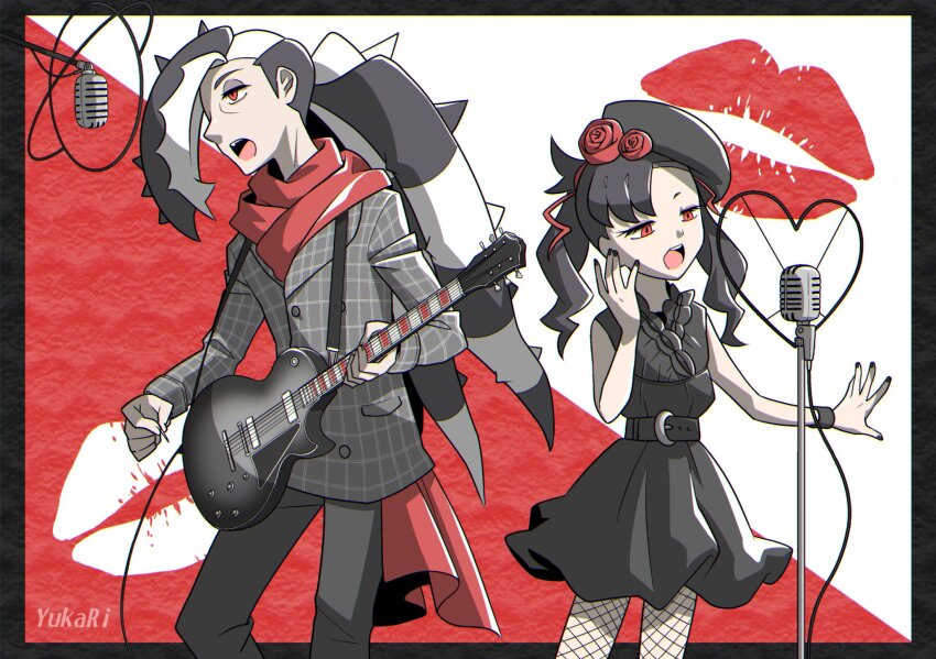 1boy 1girl alternate_costume alternate_eye_color black_border black_dress black_hair black_headwear border brother_and_sister commentary_request dress eyeshadow guitar highres holding holding_guitar holding_instrument holding_plectrum instrument lipstick_mark makeup marnie_(pokemon) microphone_stand music nail_polish nintendo open_mouth outside_border piers_(pokemon) plectrum pokemon pokemon_swsh red_eyes red_scarf scarf siblings singing song_request standing white_hair wristband yukari_(yukari21653710)