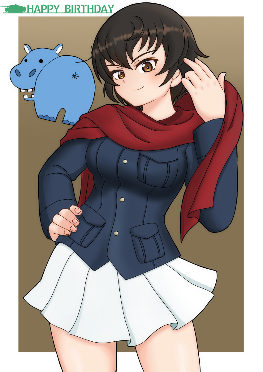 1girl absurdres amanone_yun birthday blue_jacket brown_background brown_eyes brown_hair caesar_(girls_und_panzer) closed_mouth clothes_grab cowboy_shot emblem english_text girls_und_panzer hand_on_own_hip happy_birthday highres hippopotamus holding holding_unworn_clothes holding_unworn_scarf jacket long_sleeves looking_at_viewer military_uniform miniskirt neckwear_grab ooarai_military_uniform pleated_skirt red_scarf scarf scarf_grab short_hair skirt smile solo standing unworn_scarf white_skirt
