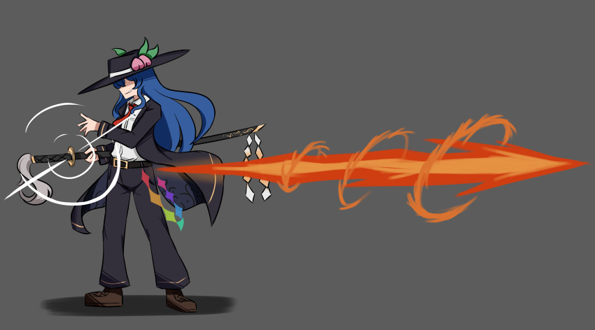 1girl absurdres avian_zebra belt black_background black_hat black_pants blue_hair brown_shoes commentary cosplay full_body guilty_gear hat highres hinanawi_tenshi johnny_(guilty_gear) johnny_(guilty_gear)_(cosplay) long_hair long_sleeves necktie pants red_necktie shirt shoes simple_background solo standing sword touhou weapon white_shirt