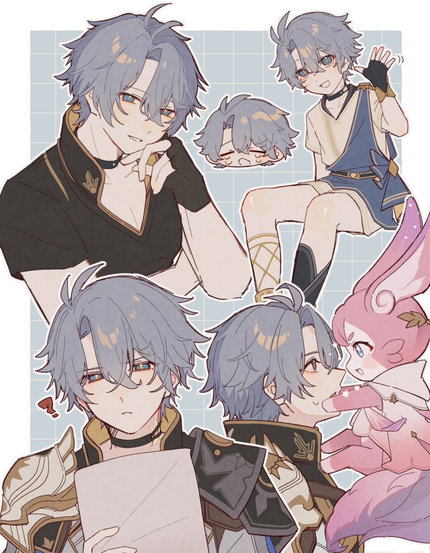 1boy ? aged_down ancient_greek_clothes antenna_hair black_choker black_gloves black_shirt blue_background blue_eyes border choker commentary_request fingerless_gloves gloves greco-roman_clothes highres holding holding_paper honkai:_star_rail honkai_(series) male_focus mem_(honkai:_star_rail) multiple_views oyomaru_07 paper phainon_(honkai:_star_rail) pink_fur shirt short_hair tail toga white_border white_hair