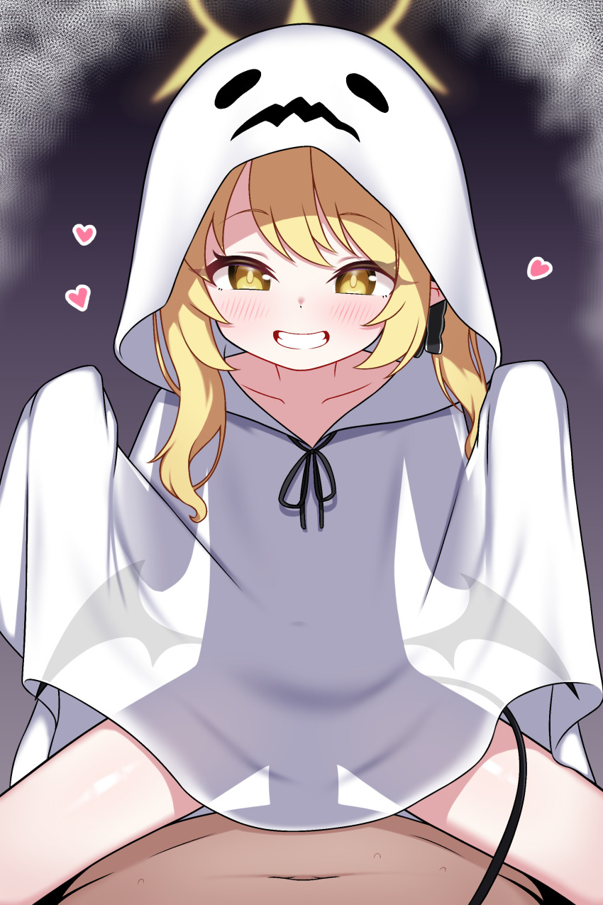 1boy 1girl absurdres black_ribbon black_tail black_wings blonde_hair blue_archive blush commentary covered_penetration cowgirl_position demon_girl demon_tail demon_wings ghost_costume girl_on_top grin hair_ribbon halloween halloween_costume halo heart hetero highres hood hood_up ibuki_(blue_archive) loli looking_at_viewer md5_mismatch parted_lips pointy_ears pov pov_crotch ribbon sex smile solo_focus straddling tail teeth vaginal wings yellow_eyes yellow_halo zing_(z_z_zing)