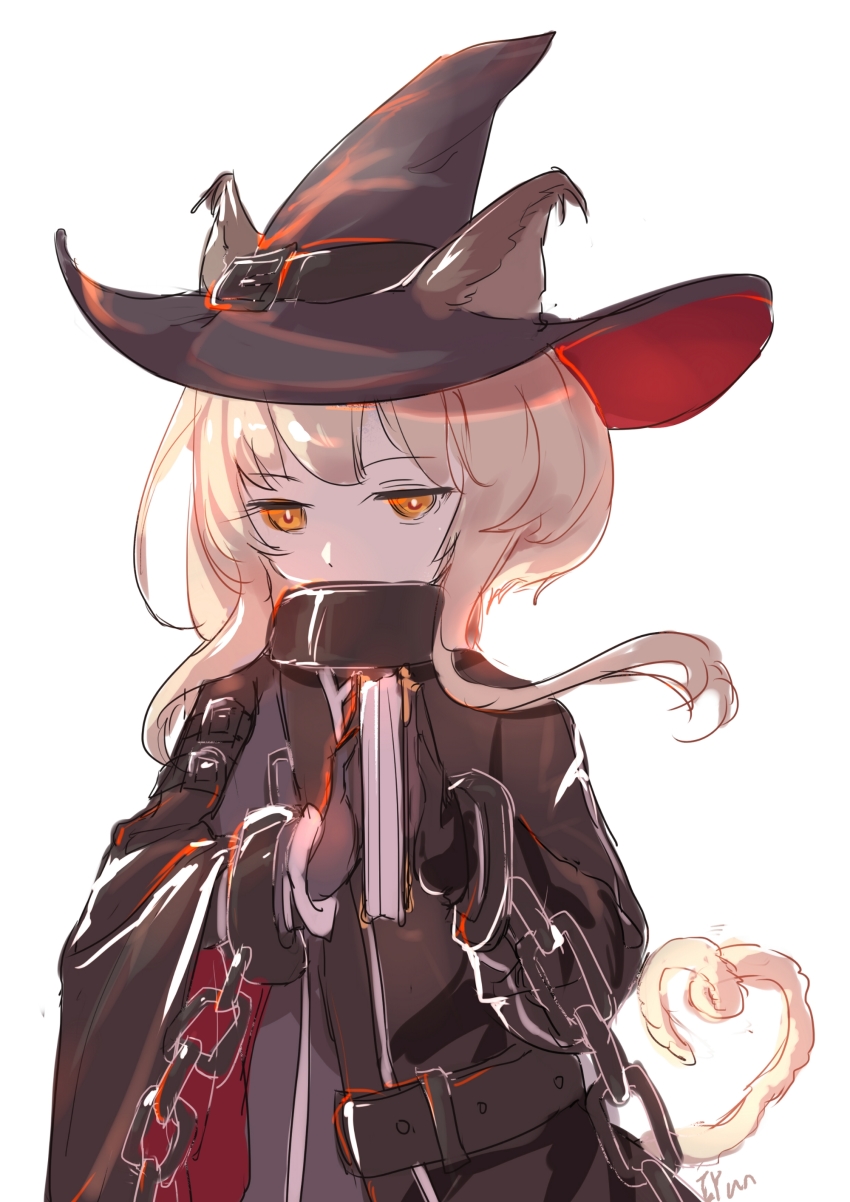 1girl absurdres animal_ears arknights asona black_gloves black_hat black_jacket blonde_hair book cat_ears cat_girl cat_tail chain covered_mouth cuffs ears_through_headwear gloves hat haze_(arknights) highres holding holding_book jacket long_hair looking_at_viewer orange_eyes shackles sidelocks simple_background sketch solo tail upper_body white_background witch_hat